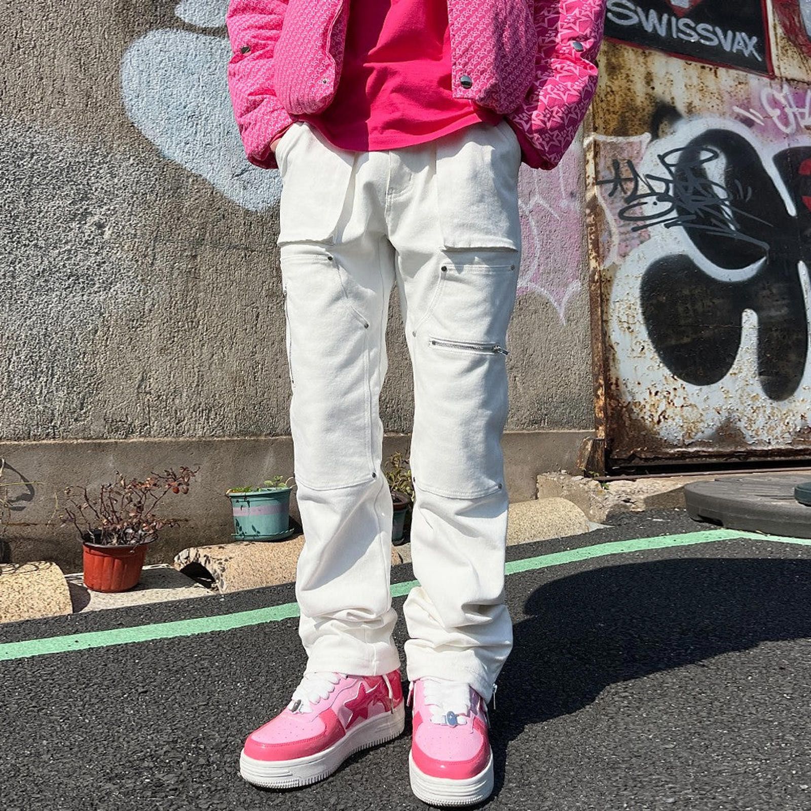 Vintage Elastic Street Pants – Zip Hem, Straight Pull-Up Fit Size US 34 / EU 50 - 1 Thumbnail