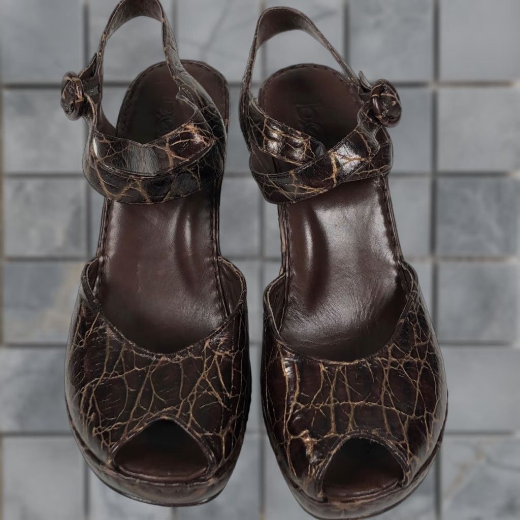 Vintage Bolo Womens Size 8 Brown Reptile Print Leather Slingback Platform Heels Size US 8 / IT 38 - 1 Thumbnail