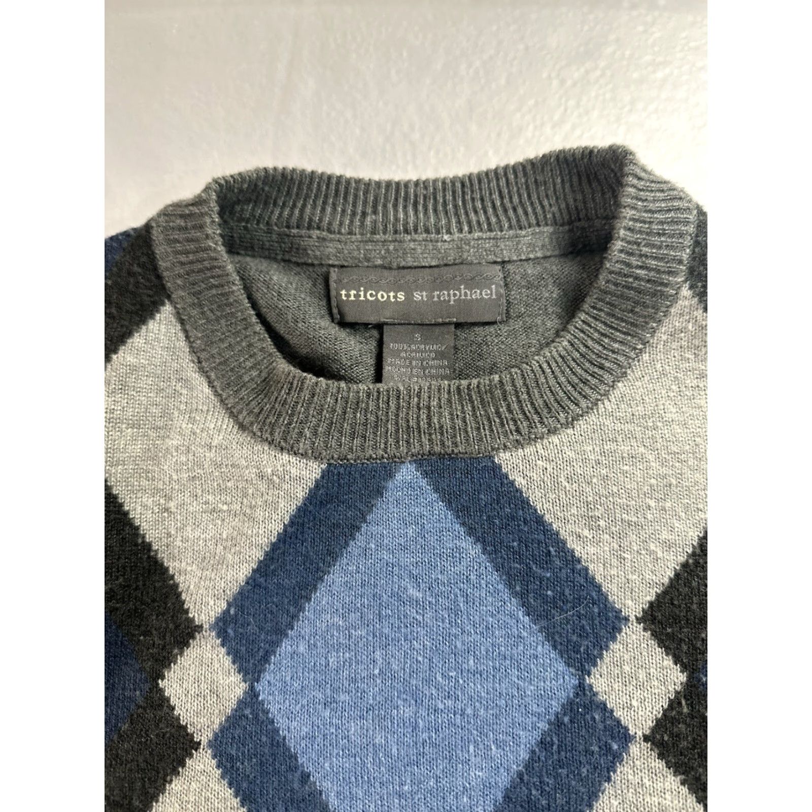 Vintage Tricots St. Raphael Sweater Mens Small Gray Argyle LS Lightweight Crew Neck Size US L / EU 52-54 / 3 - 5 Thumbnail
