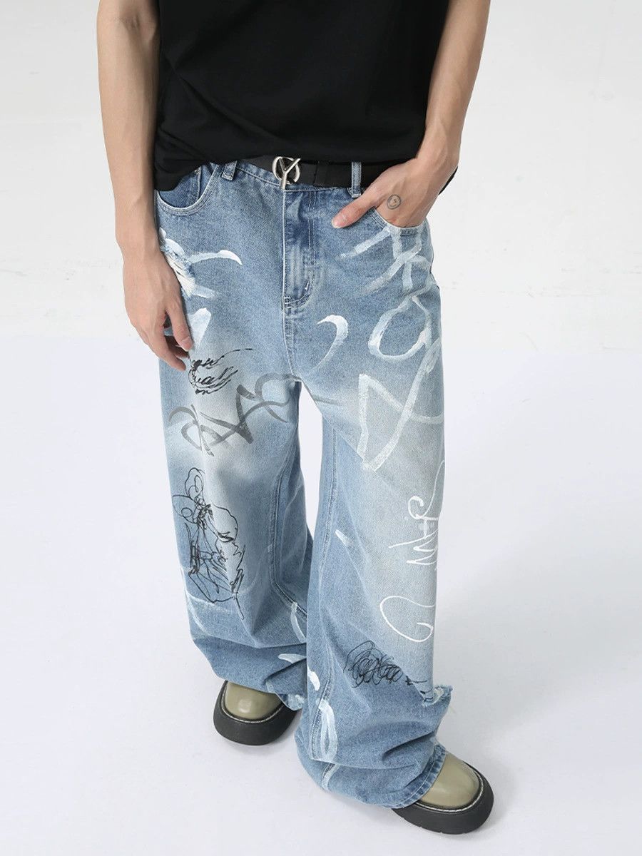 Jean American trendy street graffiti fun straight jeans Size US 32 / EU 48 - 5 Thumbnail