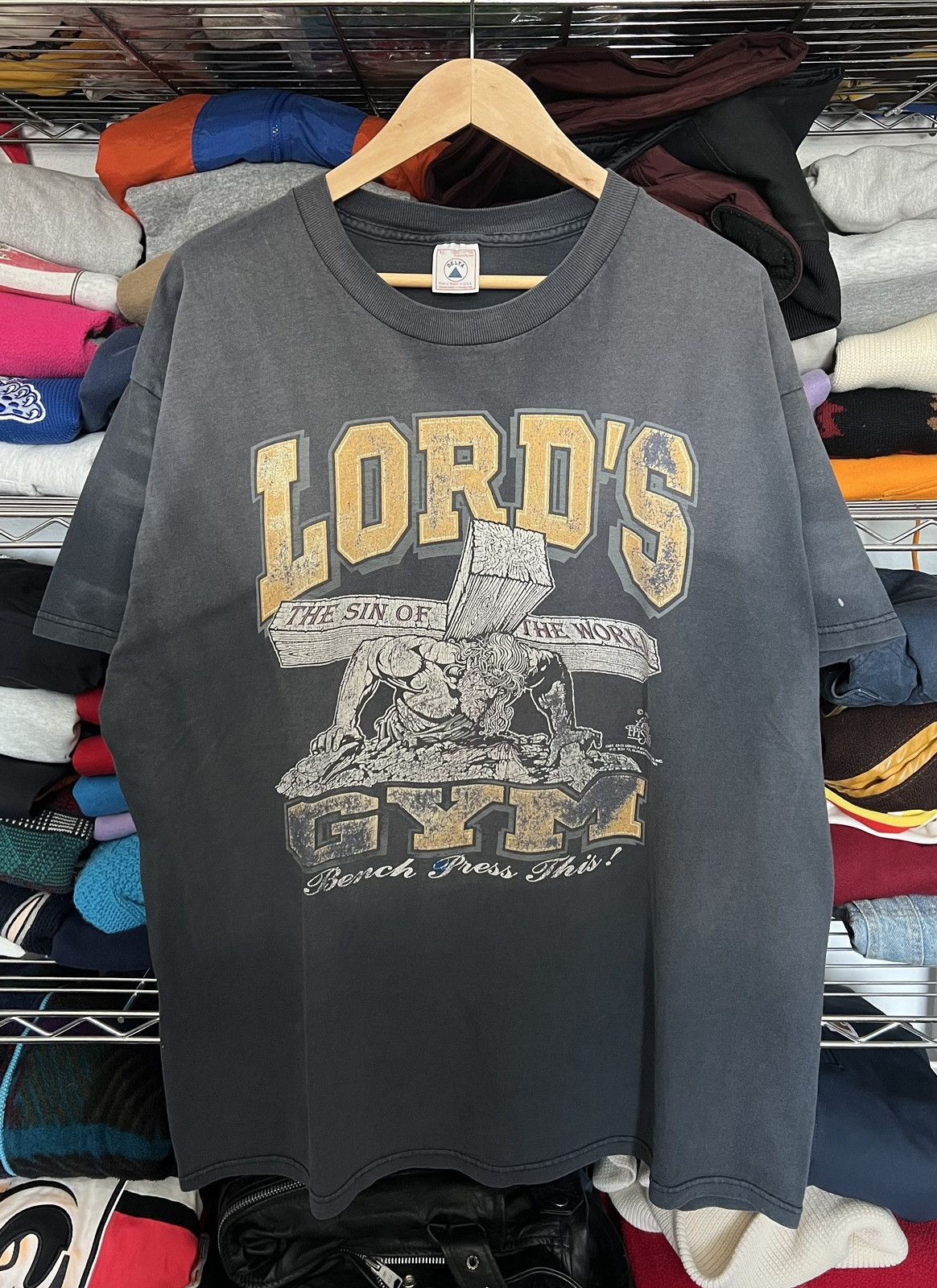 image of Delta x Made In USA Vintage 1990 Lords Gym Jesus Tee in Black, Men's (Size XL)