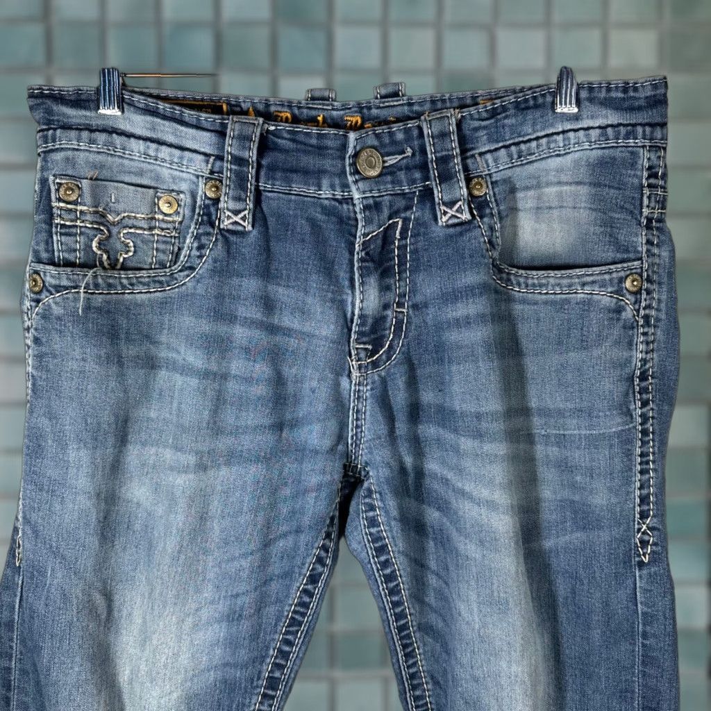 Vintage Rock Revival Jeans 34 Men Straight Denim Blue 5-Pocket Embroidered Distressed Logo Patch Leather Ride Biker Mid Lift 32 Inseam Mens Size US 34 / EU 50 - 1 Thumbnail