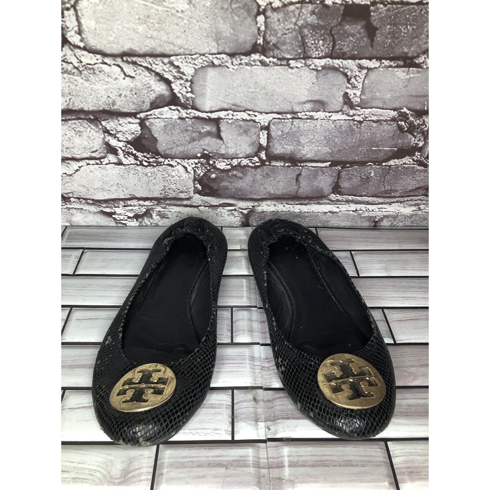 Tory Burch Tory Burch Reva Gold Logo Black Leather Snake Skin Ballet Fl Size US 7.5 / IT 37.5 - 19 Thumbnail