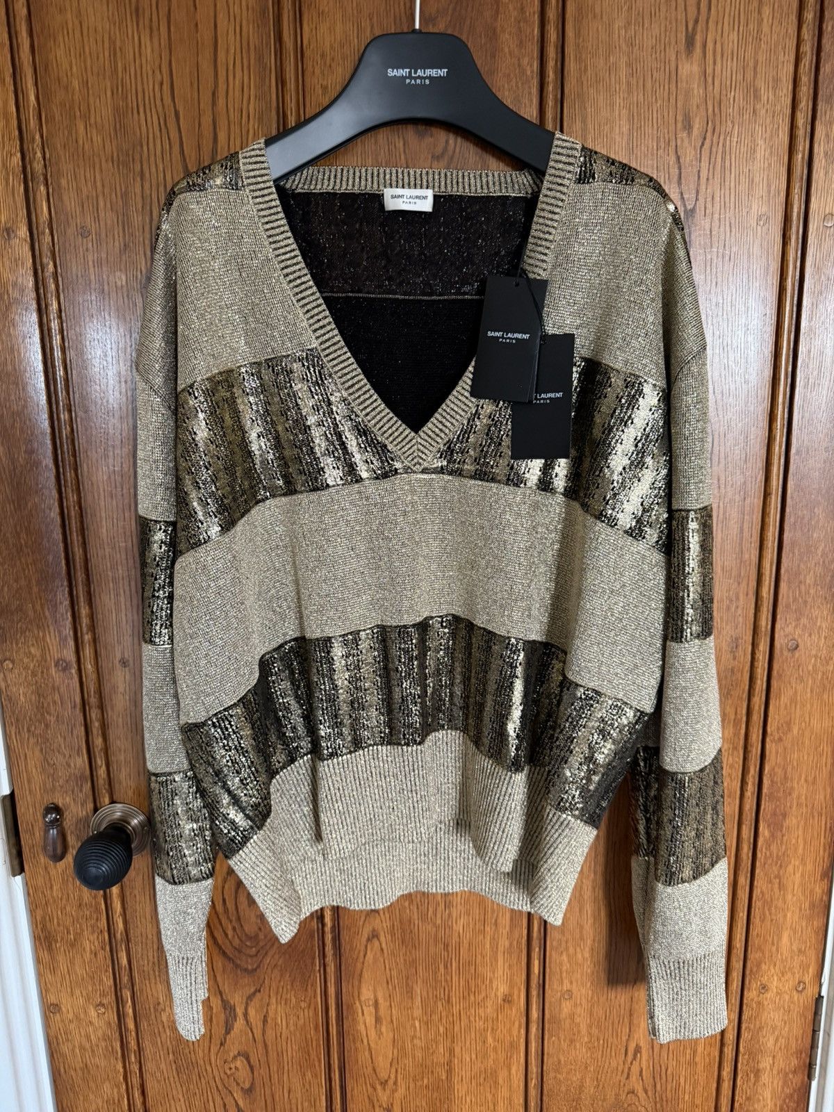 Saint Laurent Paris $1.3k FW19 Saint Laurent metallic gold v neck sweater XL Size US XL / EU 56 / 4 - 1 Thumbnail