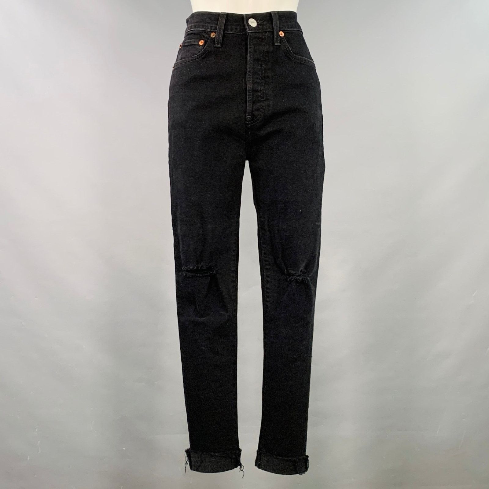 RE/DONE 28 Black Cotton Blend Distressed High Waisted Jeans