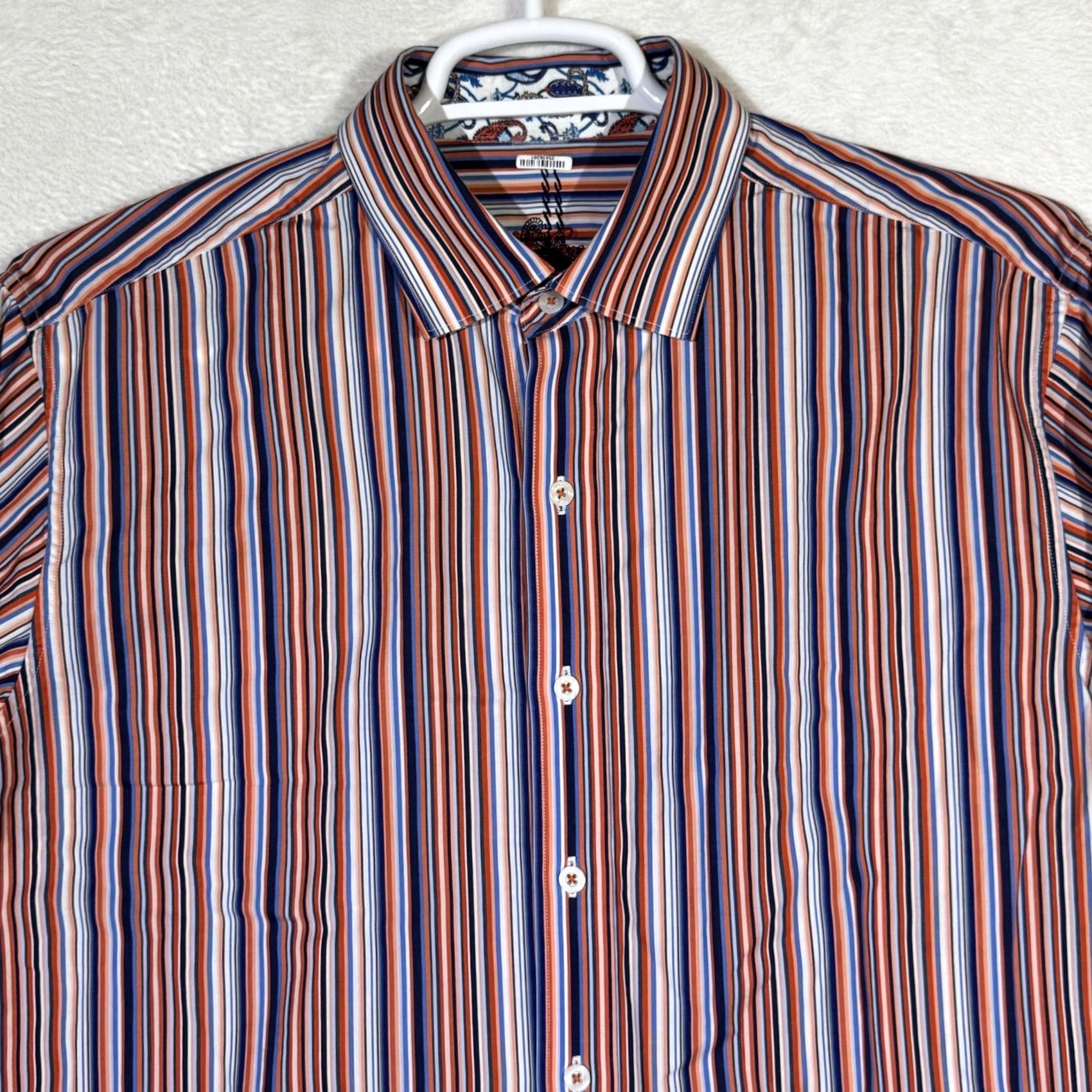 Robert Graham Robert Graham Shirt Mens XL Orange Blue Stripe Long Sleeve Paisley Contrast Cuff Size US XL / EU 56 / 4 - 5 Thumbnail