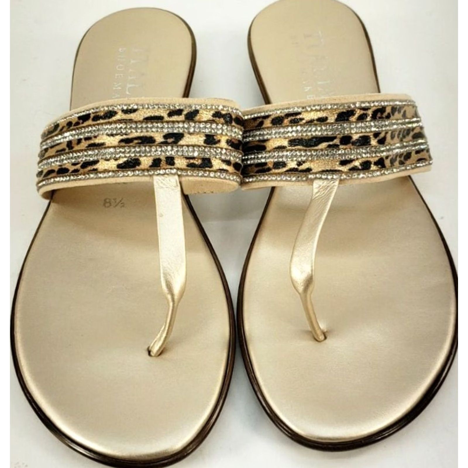Vintage Italian Shoemakers Sandal Women's 8.5 Gold Toe Post Sandal Crossover Rhinestone Jaguar Pattern White Gold? Size US 9 / IT 39 - 5 Thumbnail