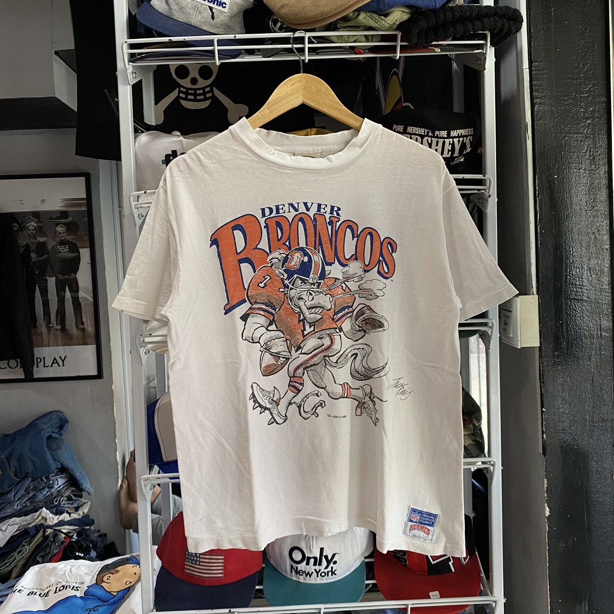 image of Nfl x Rap Tees Vintage 1988 Denver Broncos Buffalo Rap Tees Style Tee in White, Men's (Size Medium)