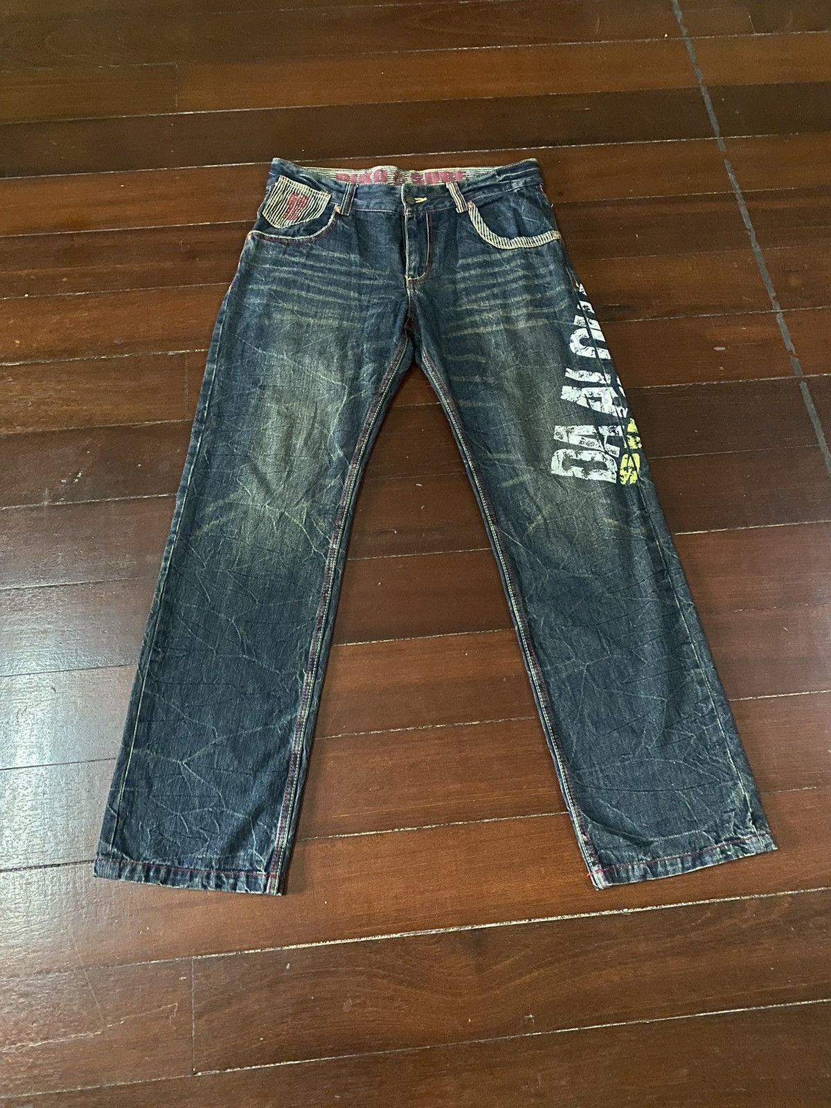 image of Surf Style Fire Flare Jeans Piko Surf Spell Out in Blue, Men's (Size 36)