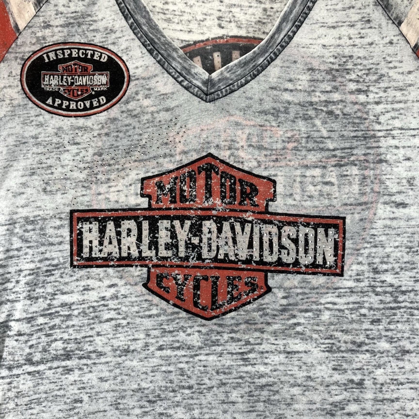Harley Davidson Harley-Davidson T-Shirt Women Gray V-Neck Short Sleeve Angel Rhinestones 90s Retro Biker Large Ladies Size L / US 10 / IT 46 - 4 Thumbnail