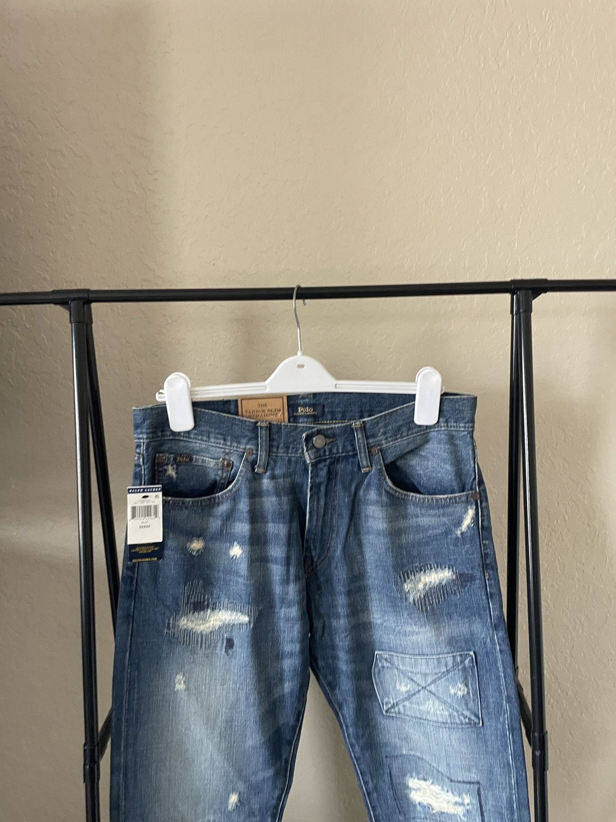 Polo Ralph Lauren Varick Slim Straight distressed patchwork jeans nwt 188.00 Size US 33 - 2 Thumbnail