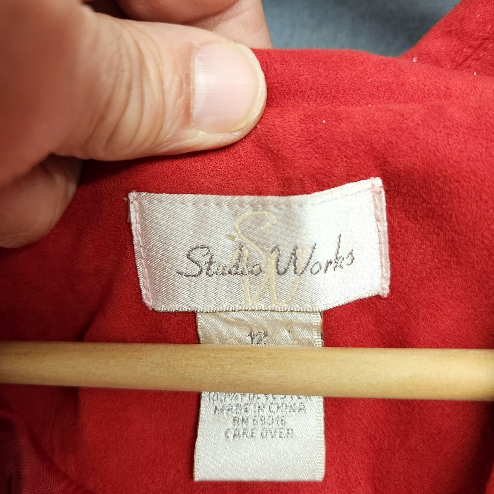 Vintage Studio Works Womens Blazer Jacket 12 Red 3 Button Notch Lapel Lined Faux Vegan Suede Classic Holiday Size XL / US 12-14 / IT 48-50 - 3 Thumbnail