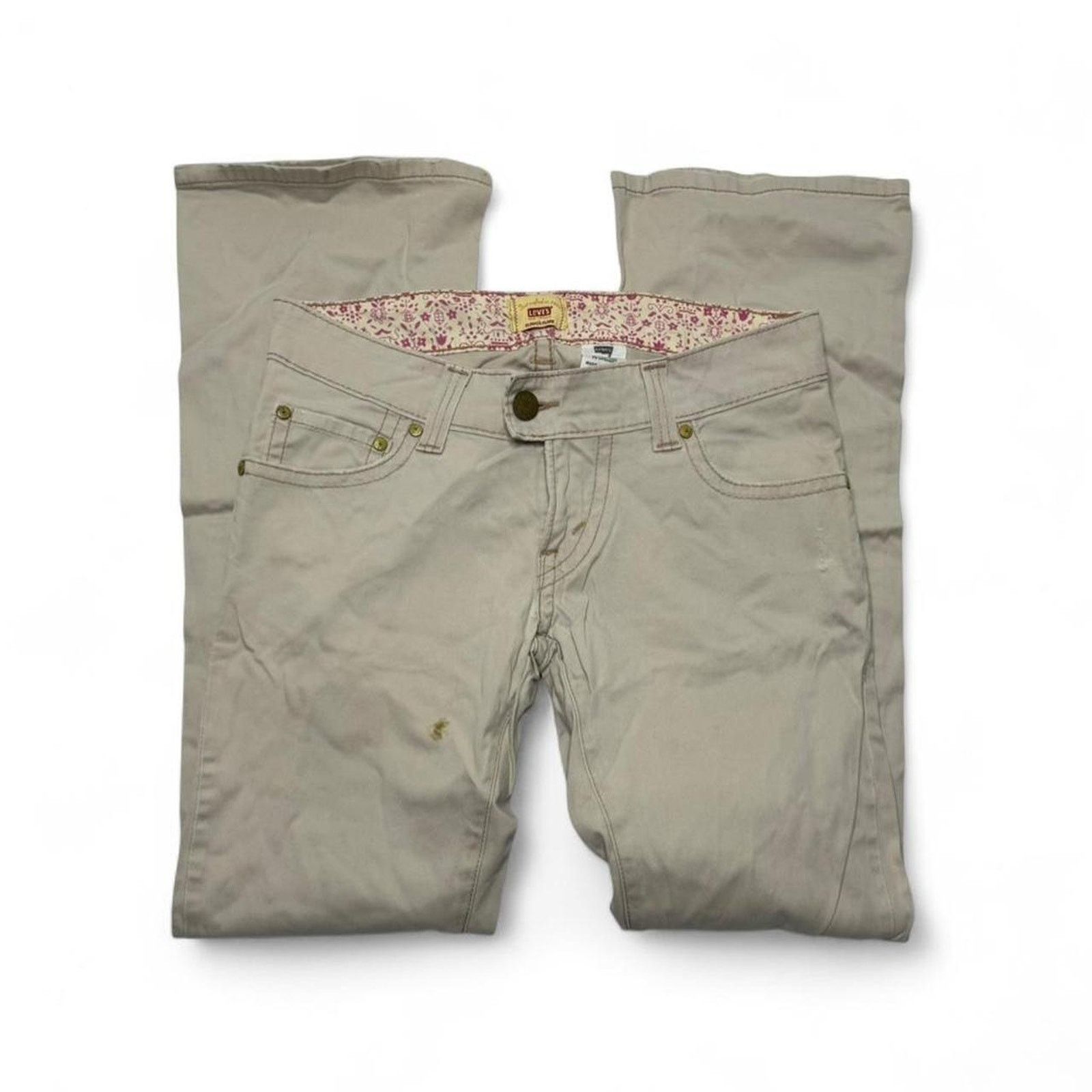 Levi's Khaki Vintage 2000s Y2K Super Low Rise Levis Flared Size 5 Size 27" / US 4 / IT 40 - 4 Thumbnail