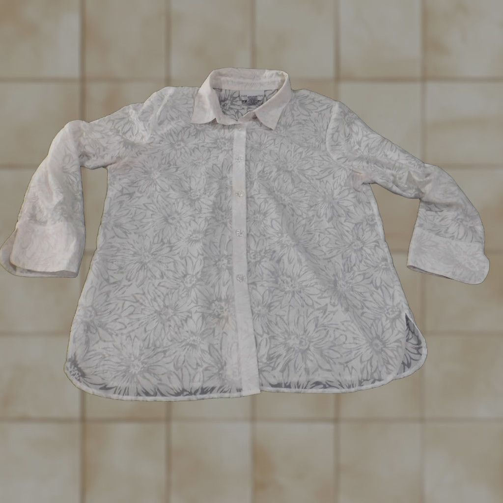 Vintage Susan Graver Button-Up Shirt Womens Large White Floral Sheer Knit Polyester Casual Long Sleeve Collared Size L / US 10 / IT 46 - 1 Thumbnail