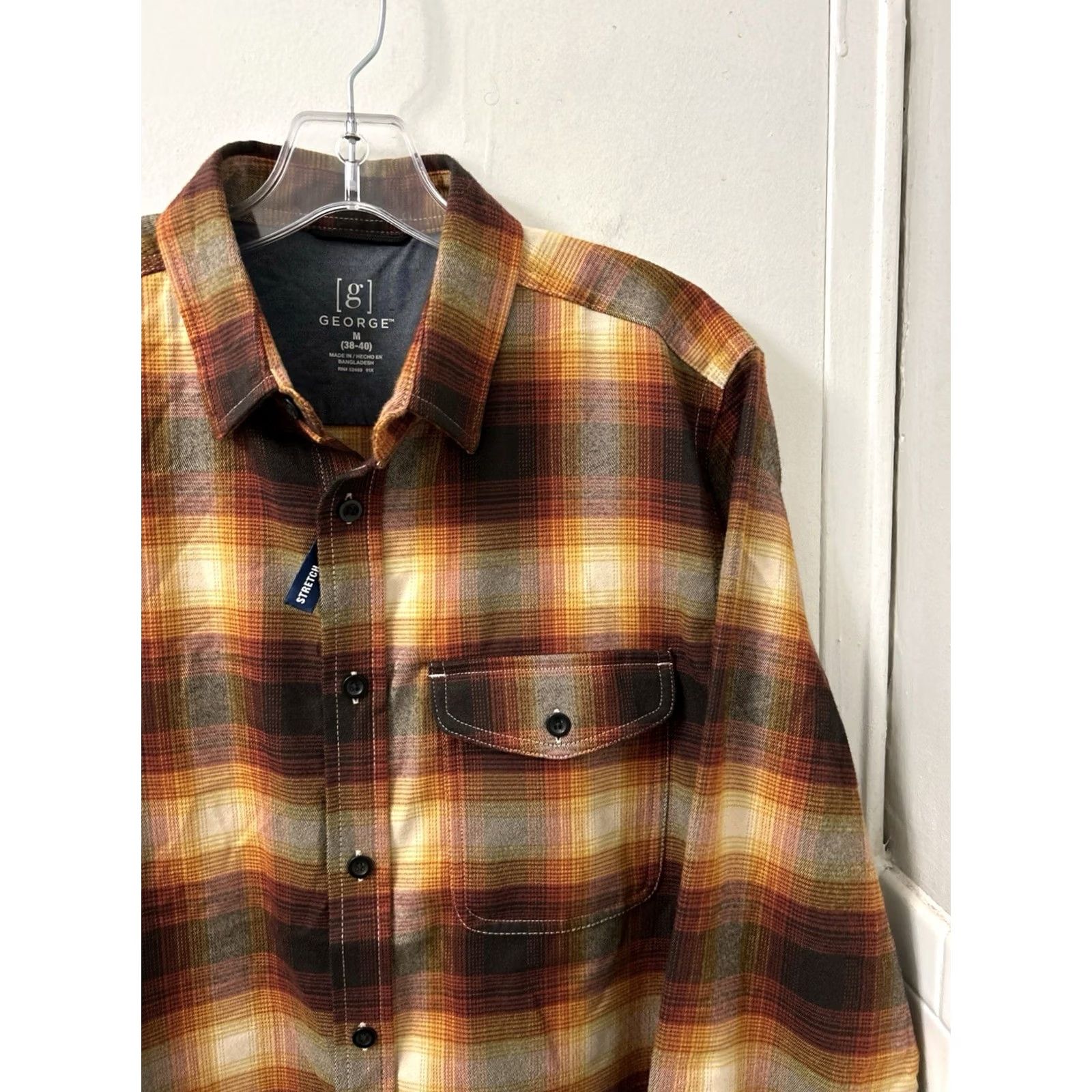 George George Mens Button-Up Shirt L/S Plaid Brown Stretch NWT Size US M / EU 48-50 / 2 - 4 Thumbnail