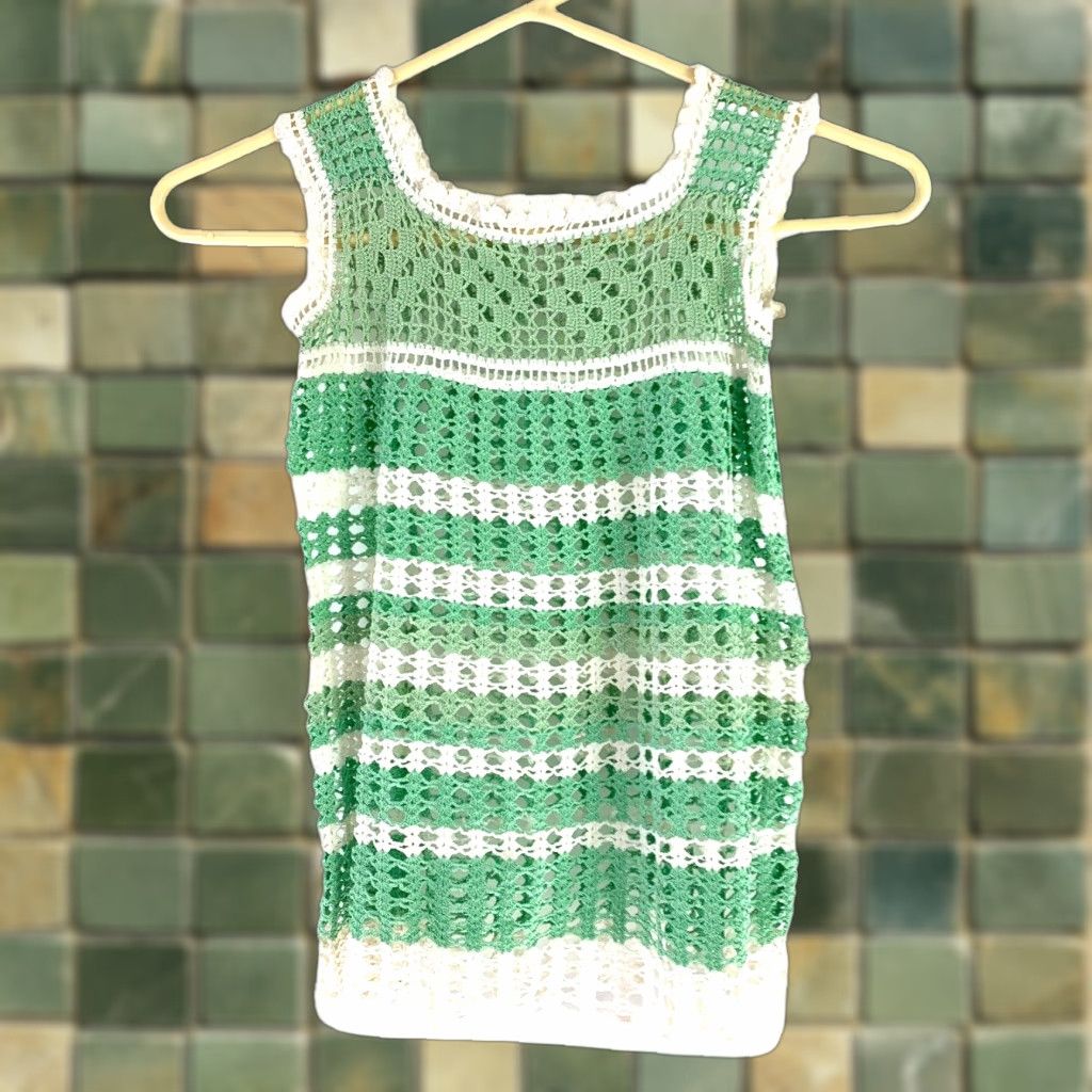 Vintage VINTAGE Handmade Crocheted Knit Green White Dress Girls Size ONE SIZE - 1 Thumbnail