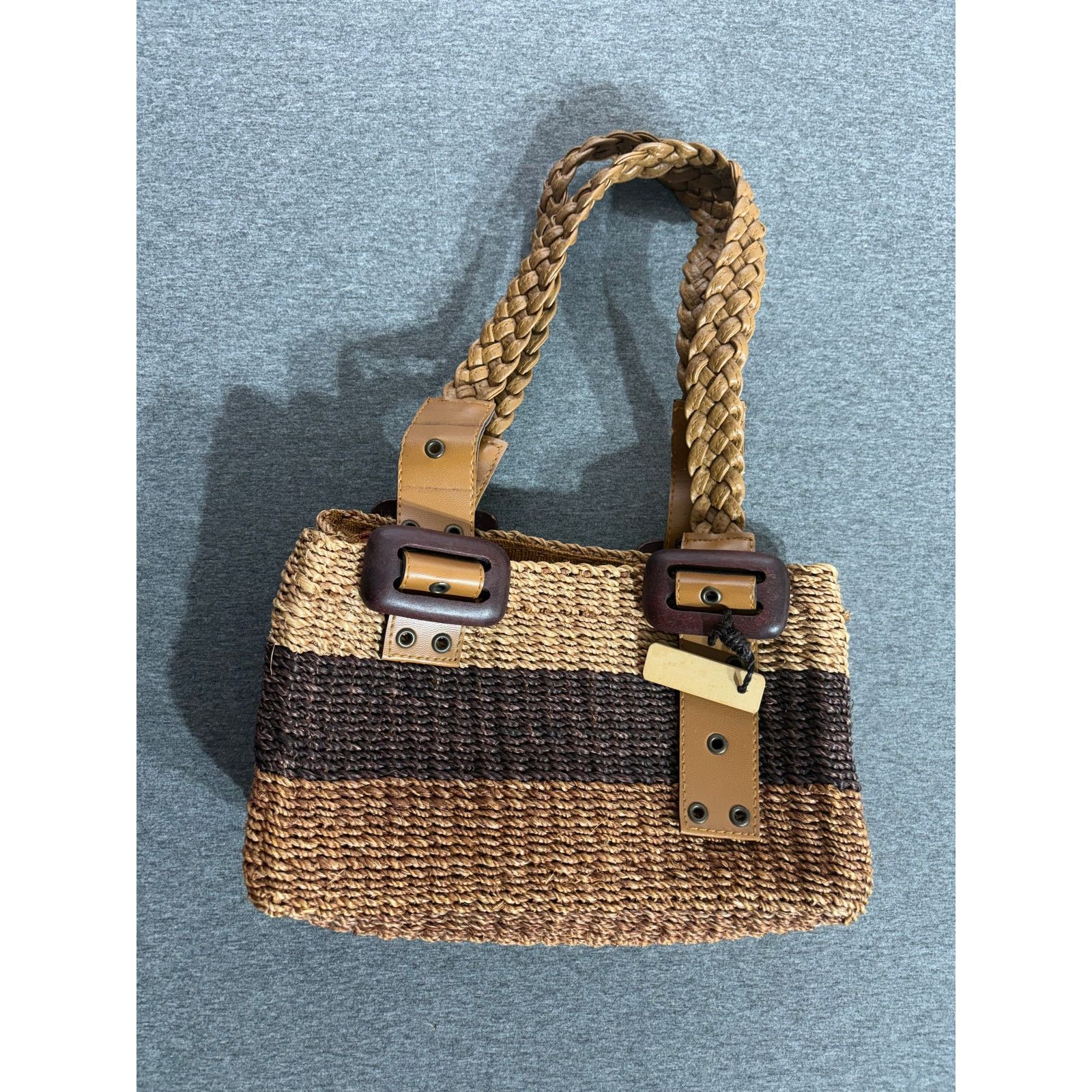 Nine West NINE WEST | Women's Brown Woven Straw Canvas Basket Tote Bag Size ONE SIZE - 1 Thumbnail