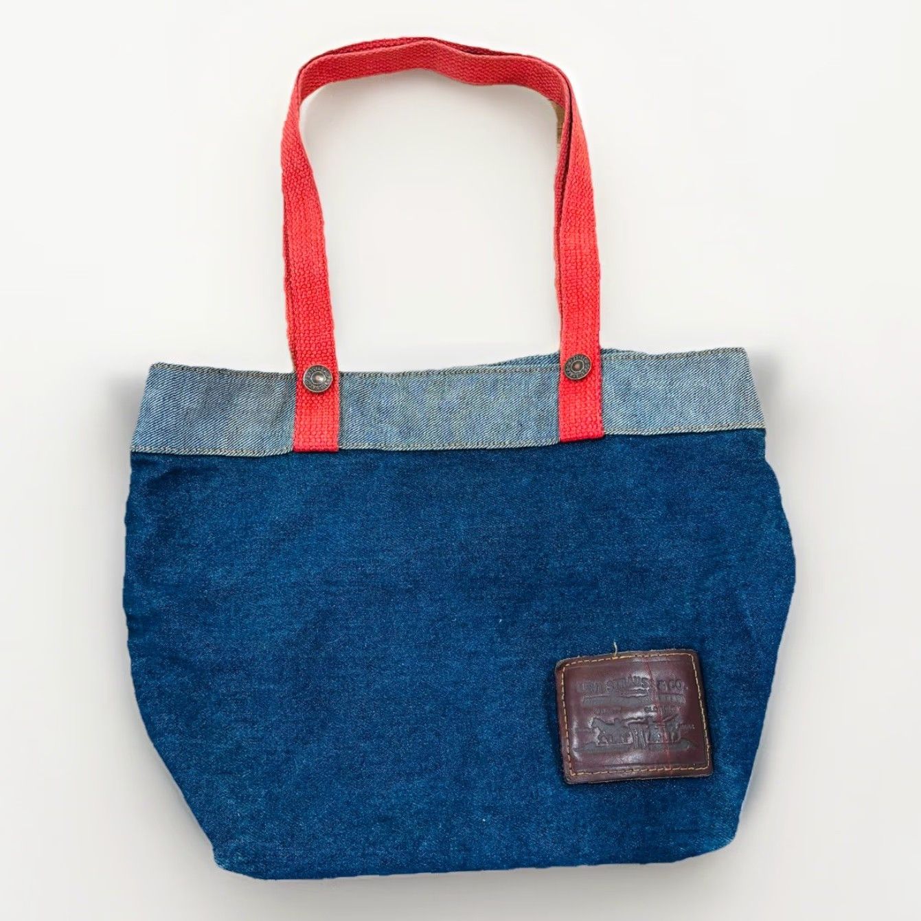 VINTAGE Levi’s Denim Tote Bag With Red Handles Leather Patch Made in USA Totes & Shoppers Blue Denim Levi’s Tote Bag Womens/Mens