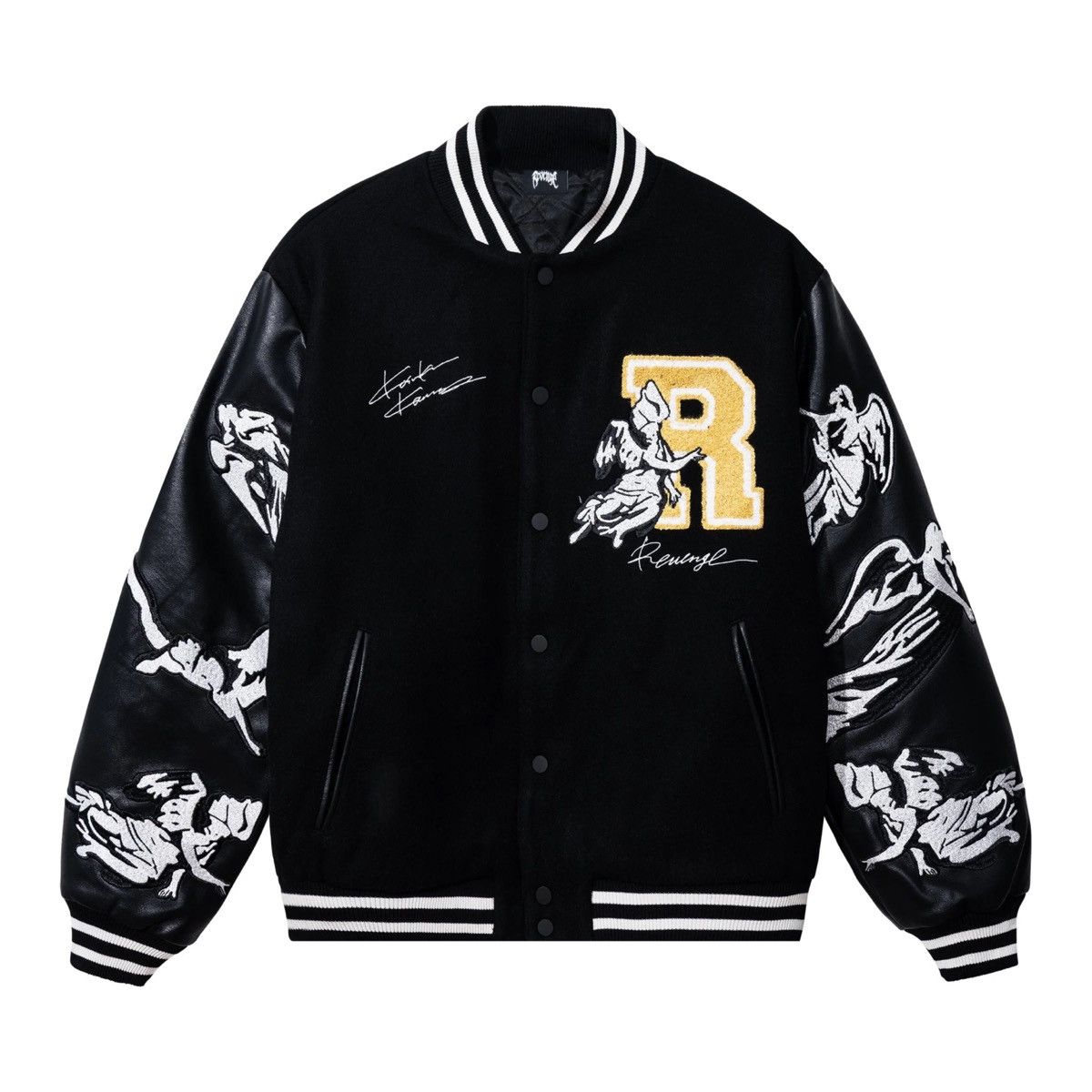 image of Kamakura x Revenge Kosuke Kawamura Embroidered Varsity Jacket in Black/White, Men's (Size Large)