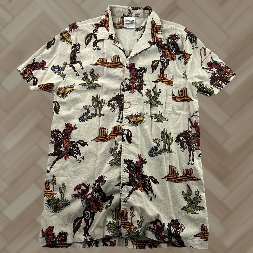 Vintage Marvel Deadpool Short Sleeve Hawaiian Button-Up Shirt Men's M Beige Size US M / EU 48-50 / 2 - 1 Thumbnail