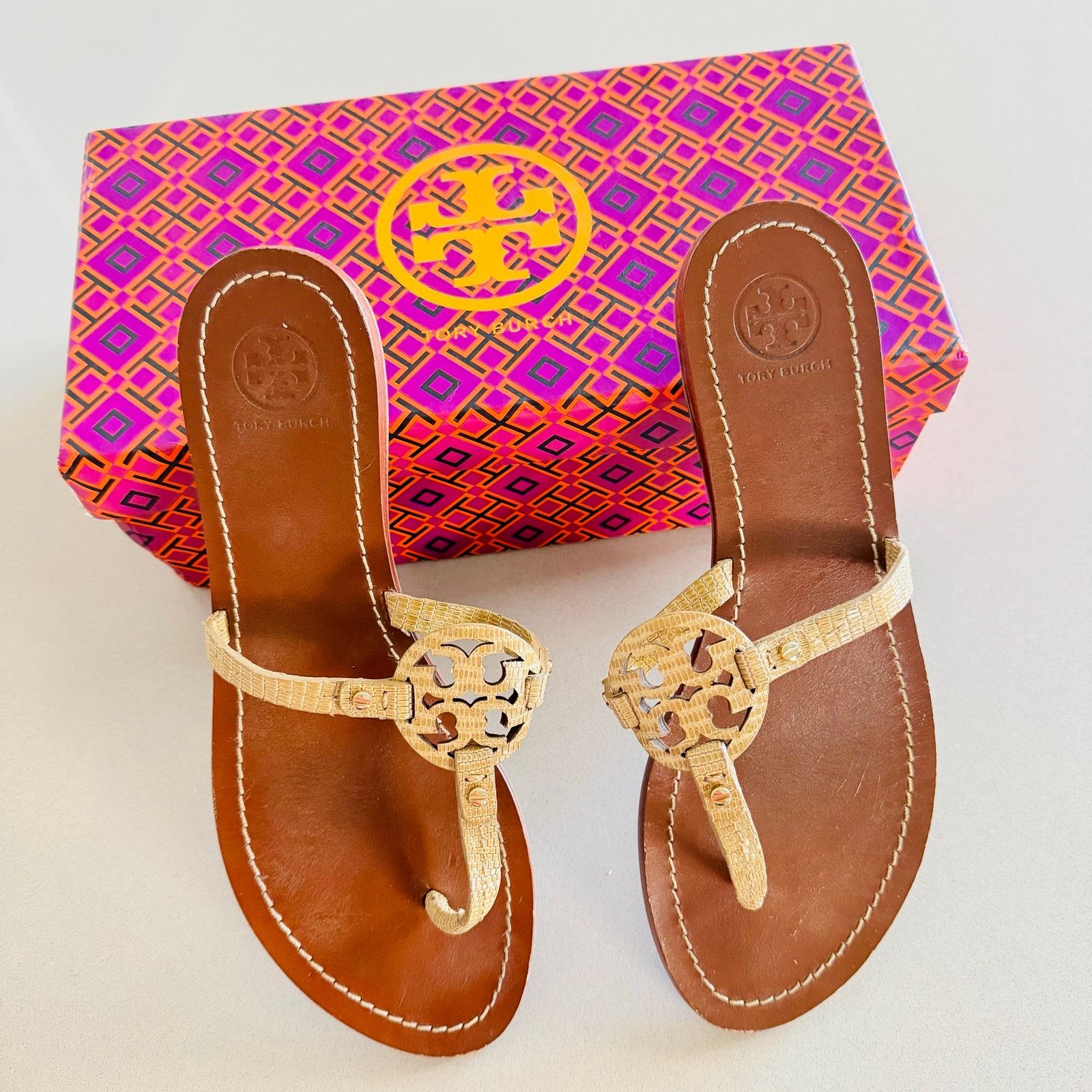 Tory Burch TORY BURCH Beige Brown Print Mini Miller $258 Slides Sandals Size US 8.5 / IT 38.5 - 1 Thumbnail