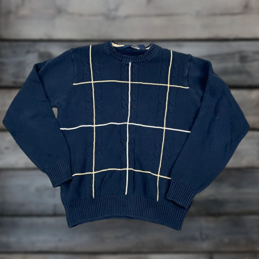 Basic Editions Dad Style Blue Textured Grid Check Pullover Sweater Adult Medium Knit Crew Neck Mens Casual Size US M / EU 48-50 / 2 - 1 Thumbnail