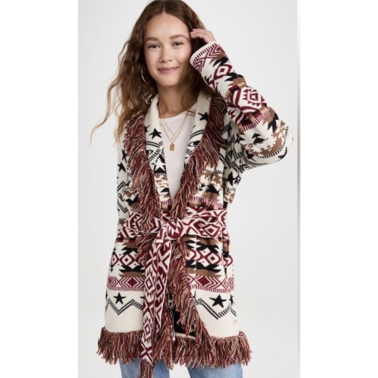 image of Scotch Soda Sweater Aztec Jacquard Woven Fringed Cardigan in Red, Women's (Size Small)