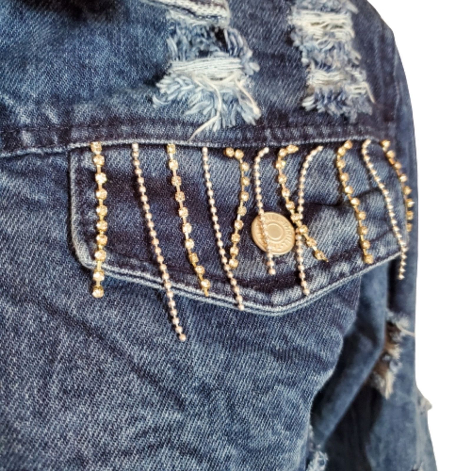 THRILLS DISRESSED ☆ RHINESTONE FRINGE ☆ DENIM SHRUG 2x ☆ NWT Size XXL / US 16-18 / IT 52-54 - 4 Thumbnail
