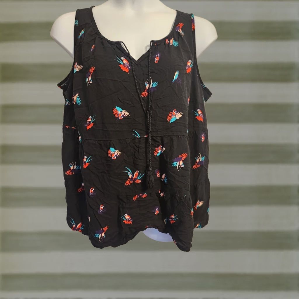 Vintage Evri Black Floral Print Tassels Ruffle Hem Tank Top 1X Women's Sleeveless V-Neck Casual Rayon Plus Size Gym? Size XL / US 12-14 / IT 48-50 - 1 Thumbnail