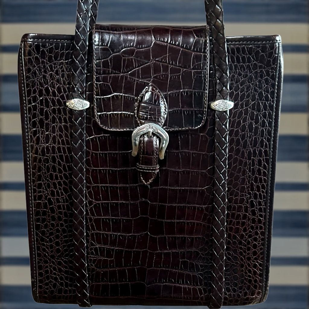 Brighton Brighton Shoulder Bag Womens Brown Leather Croc Embossed Trim 90s Designer Purse Size ONE SIZE - 1 Thumbnail