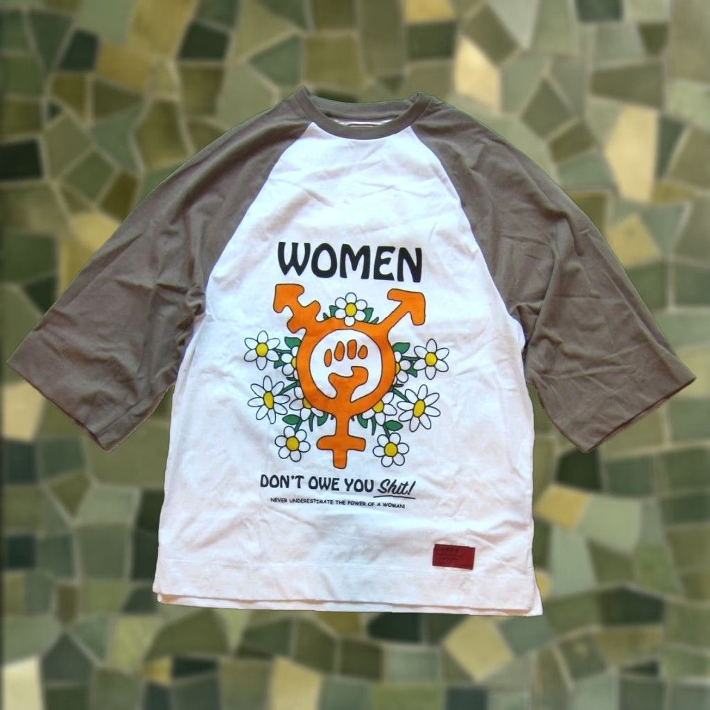 CHNGE CHNGE Women's T-Shirt NWT Oversize Baseball Shirt Don't Owe You! Brown 3/4 Sleeve Floral Cotton Crew Neck Regular S-M Womens Size S / US 4 / IT 40 - 1 Thumbnail