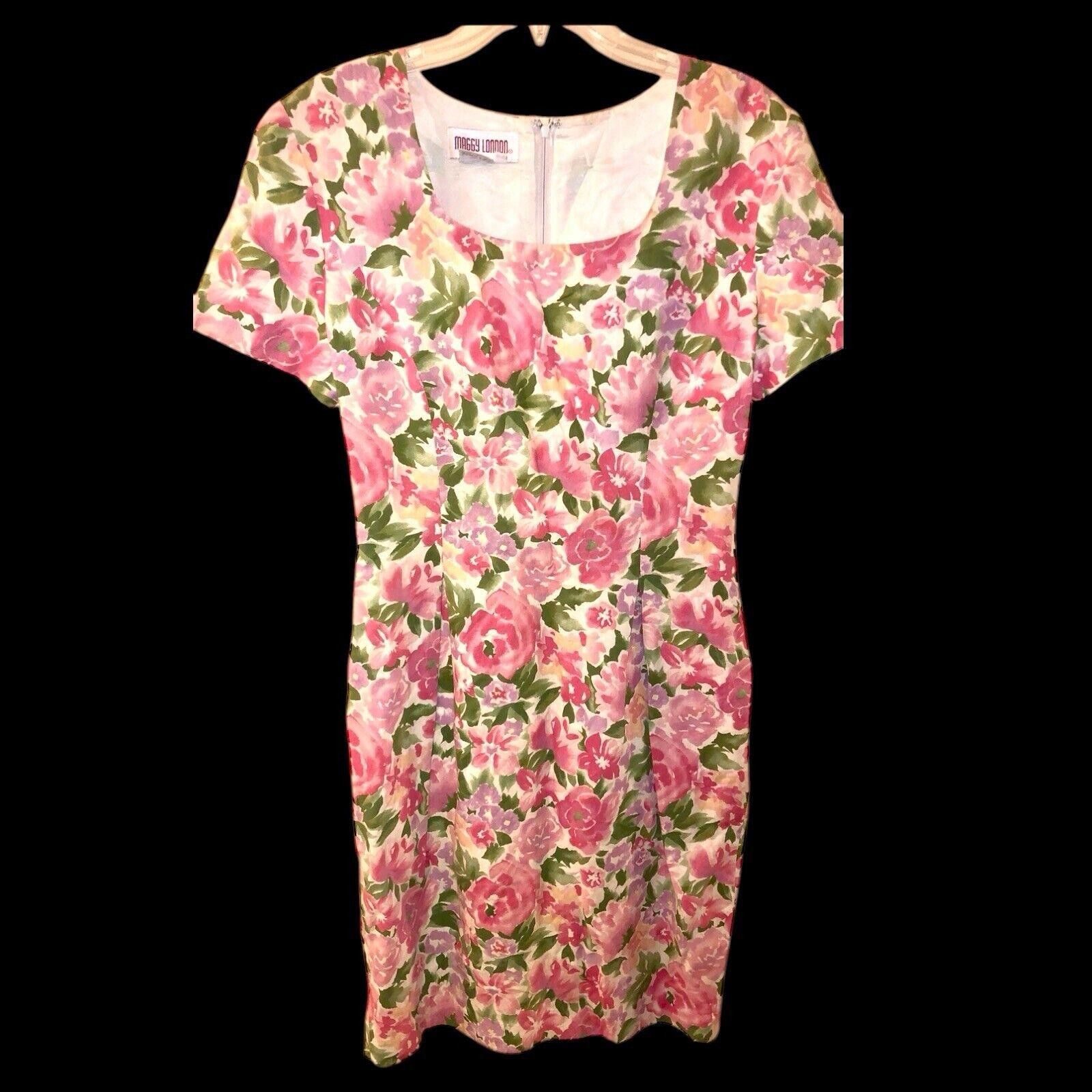 Designer Maggy London Pink Floral Linen Cotton Short Dress Sz 10 Size L / US 10 / IT 46 - 7 Thumbnail