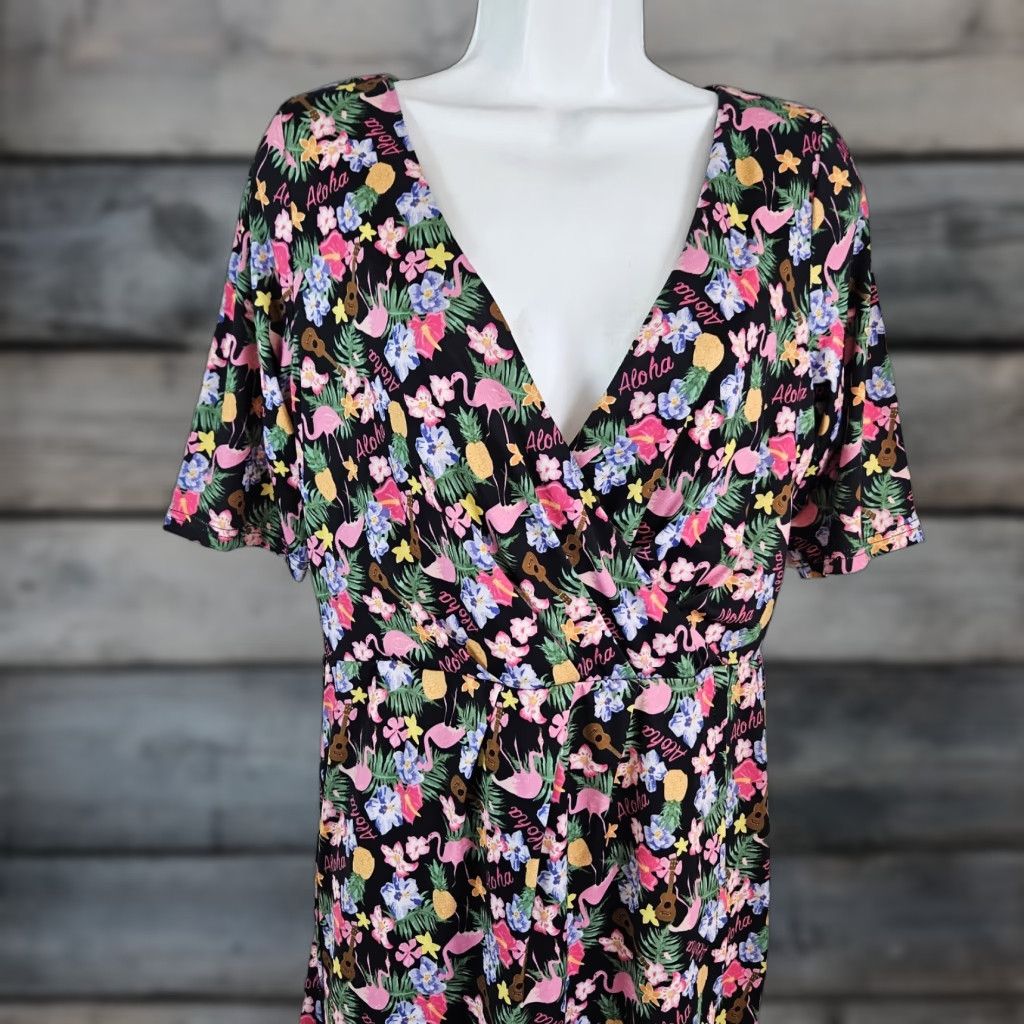 Vintage Lindy Bop Womens Dress 8 Black Pink Flamingos Aloha V-Neck Half Sleeves Dress Size M / US 6-8 / IT 42-44 - 1 Thumbnail