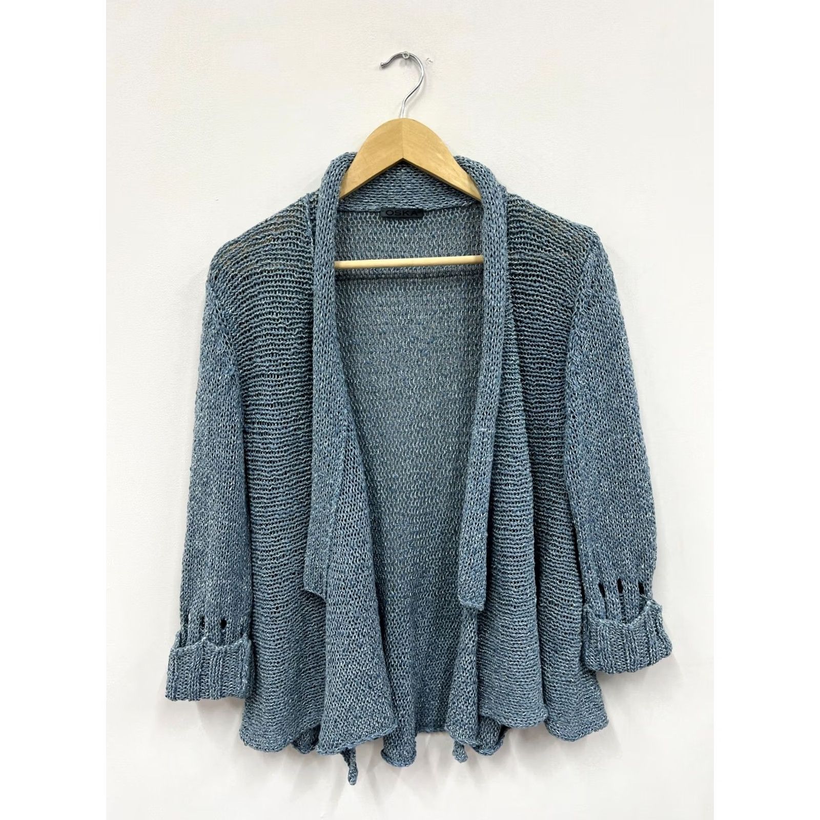 Vintage OSKA Knit Cardigan Sweater Open Front Wmns Size 3 Blue Silver Cardigan Womens Knit Open Front Cotton Polyamide Viscosa Knit Sleeve Long Size XS / US 0-2 / IT 36-38 - 2 Thumbnail