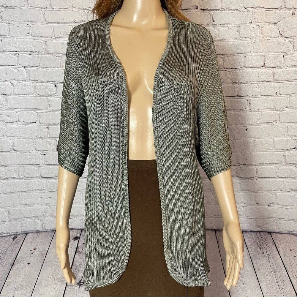 Chicos New Chico's Open Front Knit Short Sleeve Olive Rayon Cardig Size XL / US 12-14 / IT 48-50 - 2 Thumbnail