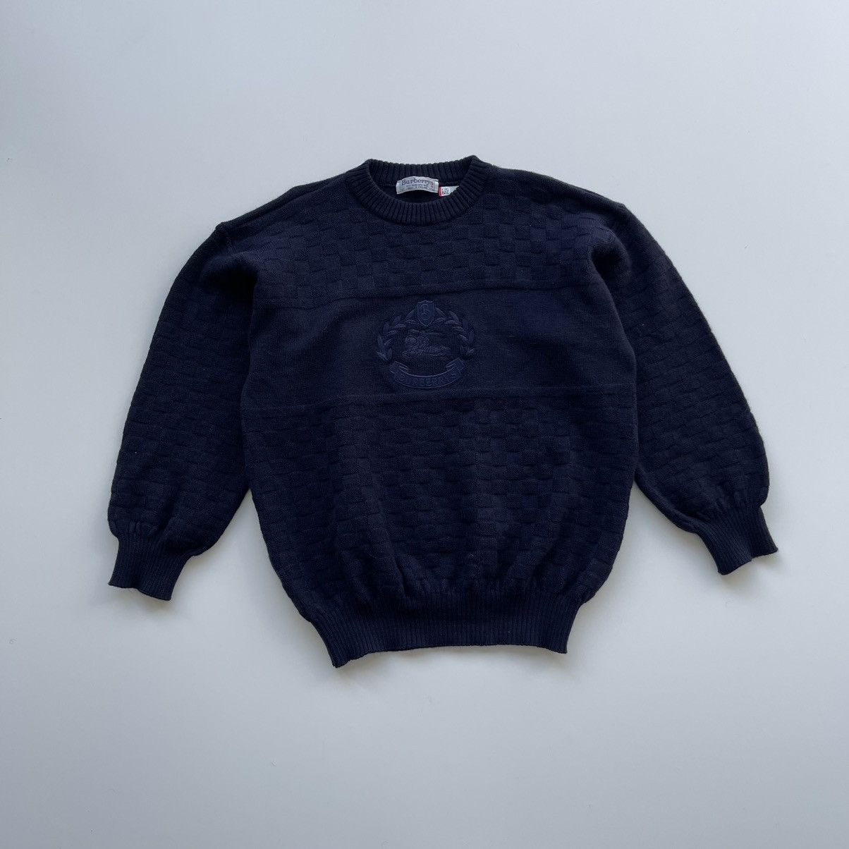 Burberry × Vintage Burberrys Vintage 90’s Big Logo Wool Knit Sweater Navy Rare Size US L / EU 52-54 / 3 - 1 Thumbnail