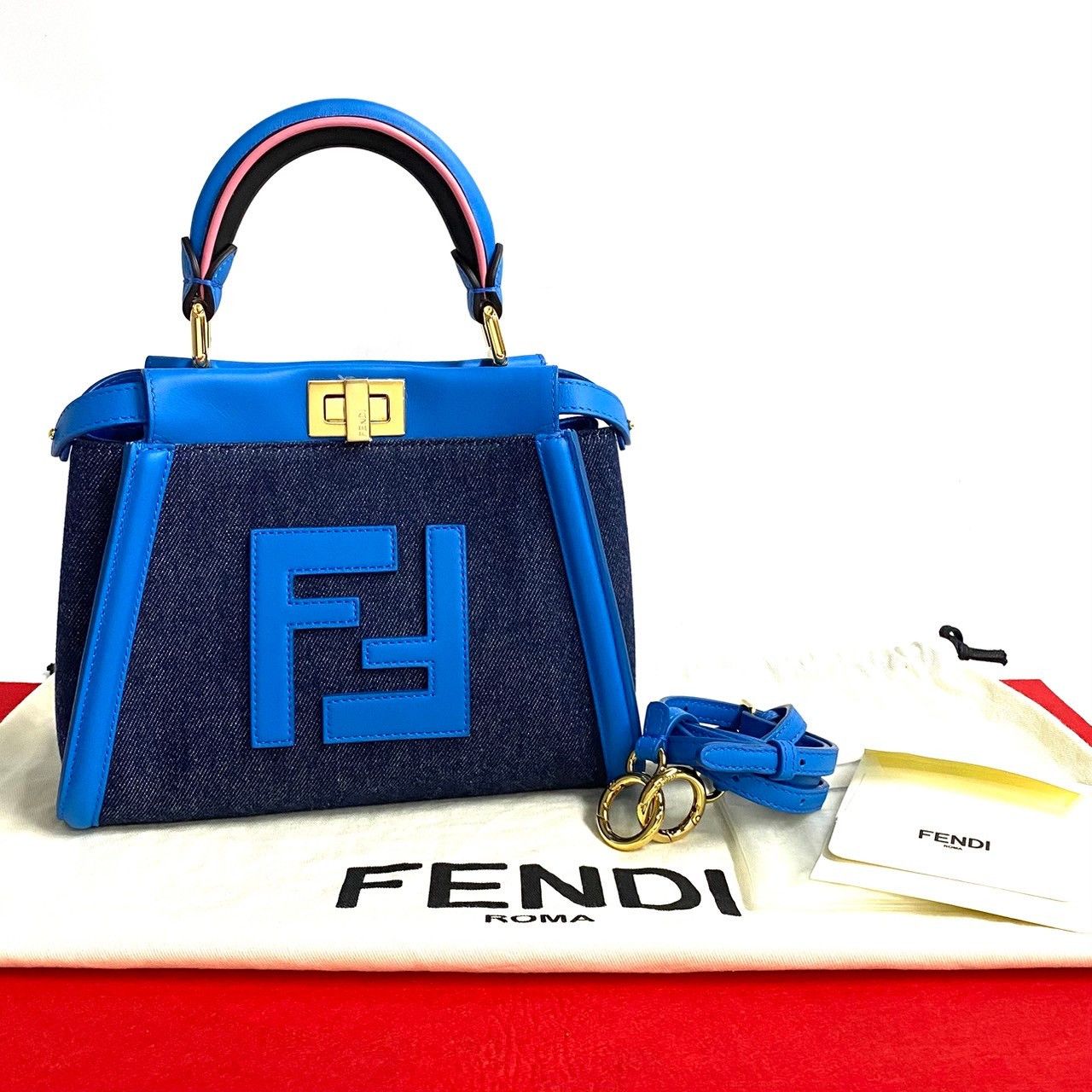 Fendi Fendi Peekaboo Mini Ff Logo Leather Denim 2Way Bag Leather Shoulder Bag in Blue, Women's