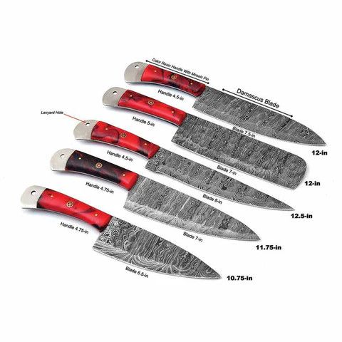 Other Damascus Kitchen Knife Set of 5 with Resin Red Handles Size ONE SIZE - 1 Thumbnail