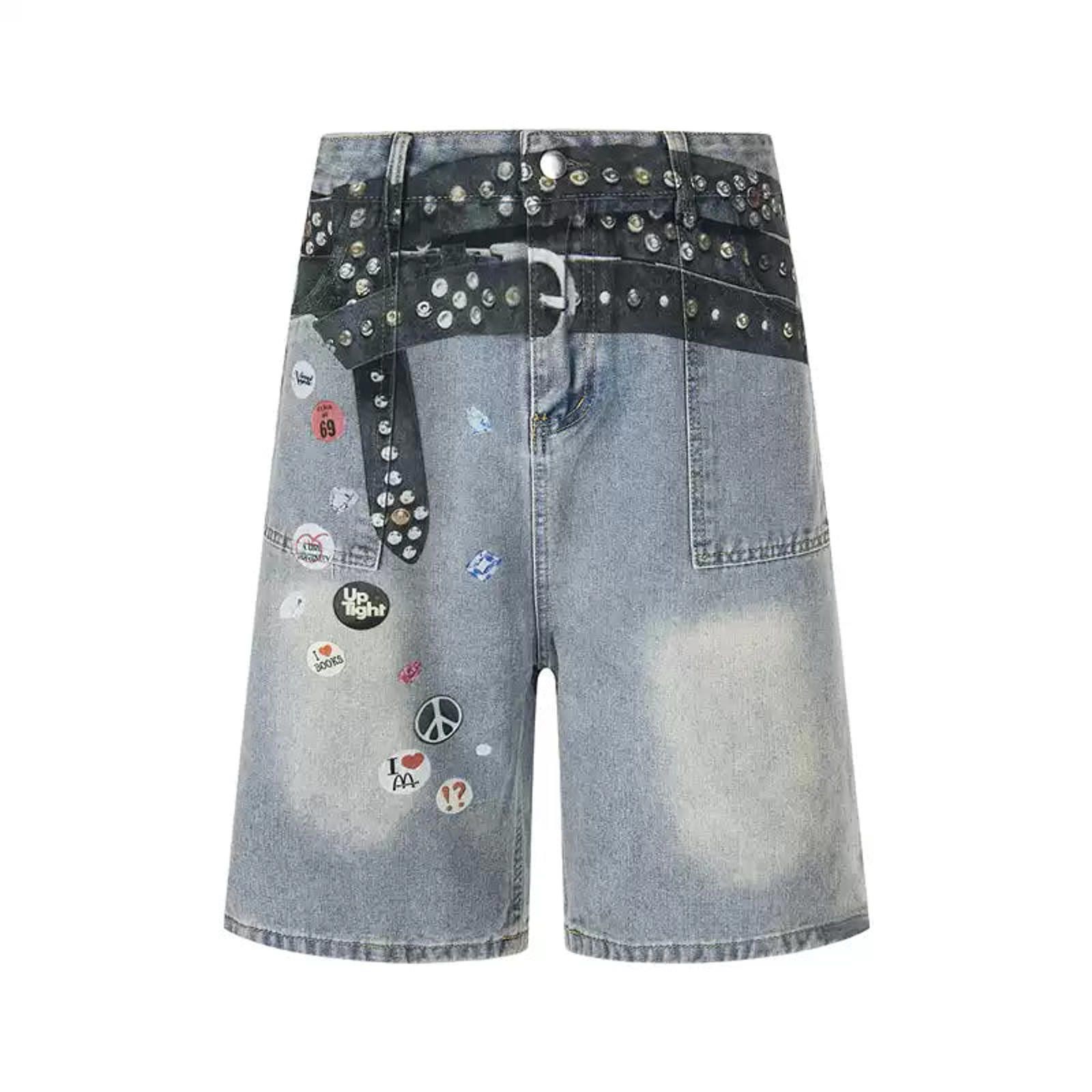 Japanese Brand Black Studded Denim Jorts with Belt Print Size US 32 / EU 48 - 1 Thumbnail