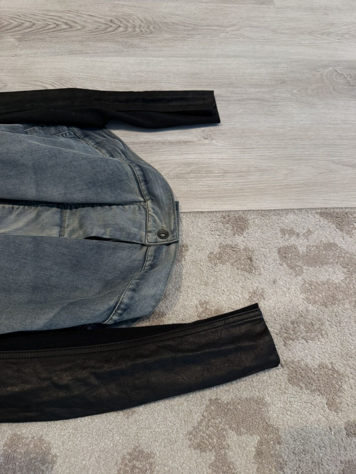 Rick Owens Drkshdw s/s 2015 leather sleeve hustler denim jacket!! Size US S / EU 44-46 / 1 - 2 Thumbnail