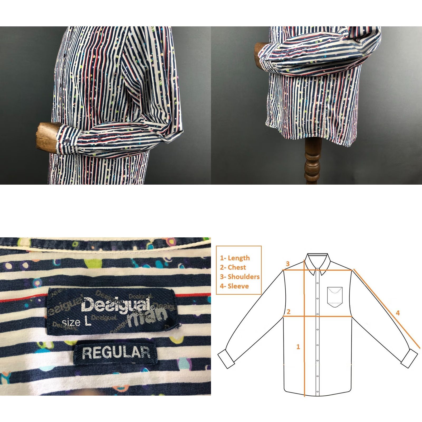 Desigual Desigual Mens Shirt Multicolor Cotton Striped Long Sleeve Button-Up Casual Adult L Size US L / EU 52-54 / 3 - 8 Thumbnail