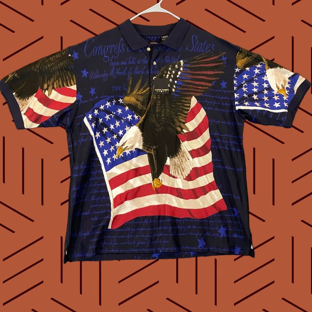 Cotton Traders VINTAGE American Flag Eagle All Over Print Polo Shirt Mens XL USA 90s Classic Polo Shirt Mens XL Blue Flag Eagle 90s USA Size US XL / EU 56 / 4 - 1 Thumbnail
