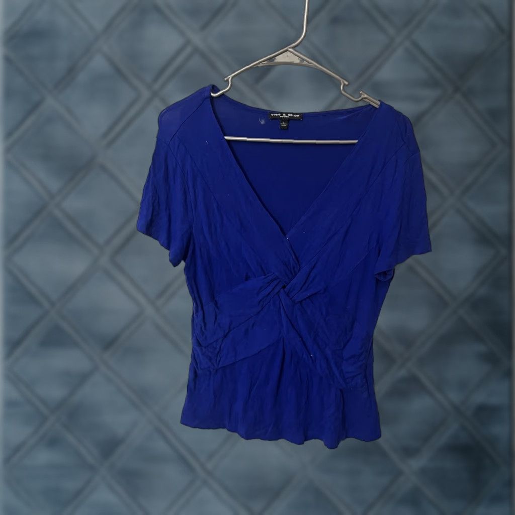 Vintage V Neck Cable & Gauge Blouse Royal Blue Short Sleeve Petite Large Size L / US 10 / IT 46 - 1 Thumbnail