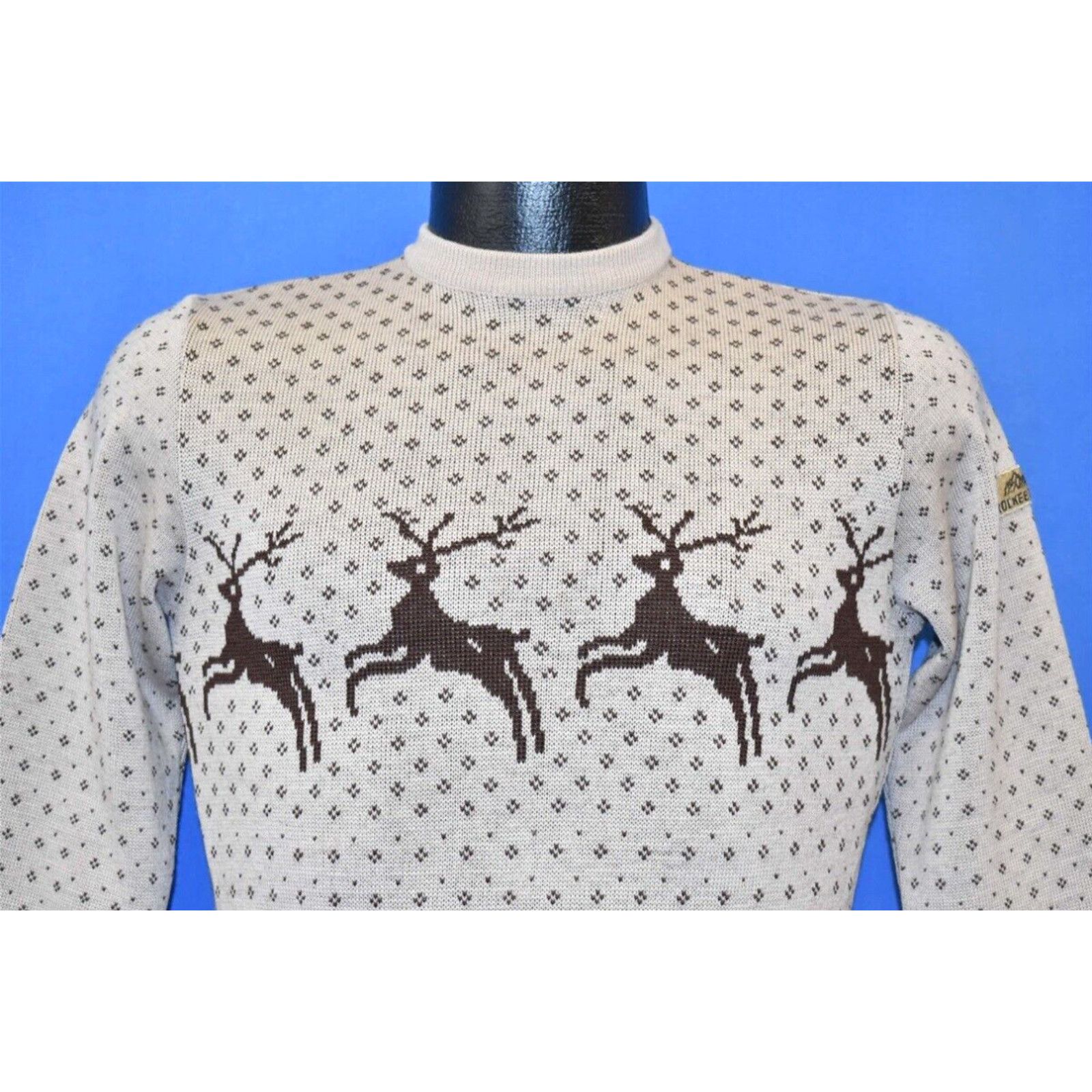 Image of Vintage VTG 80's Reindeer Diamonds Rockee Christmas Holiday Beige Wool Knit Sweater S in White (Siz