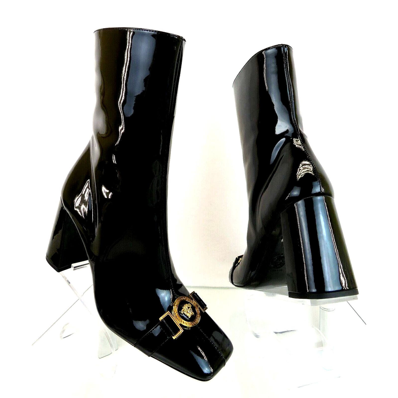 BLACK PATENT LEATHER MEDUSA ZIP HEEL ANKLE BOOTS 39.5