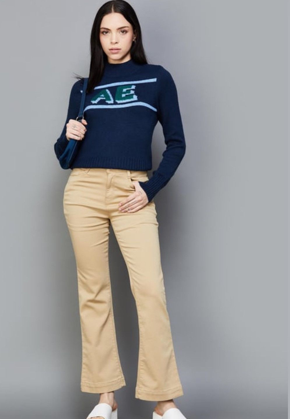 American Eagle Outfitters American Eagle Woven Holiday High Neck Knitted Blue Sweater Size S / US 4 / IT 40 - 2 Thumbnail