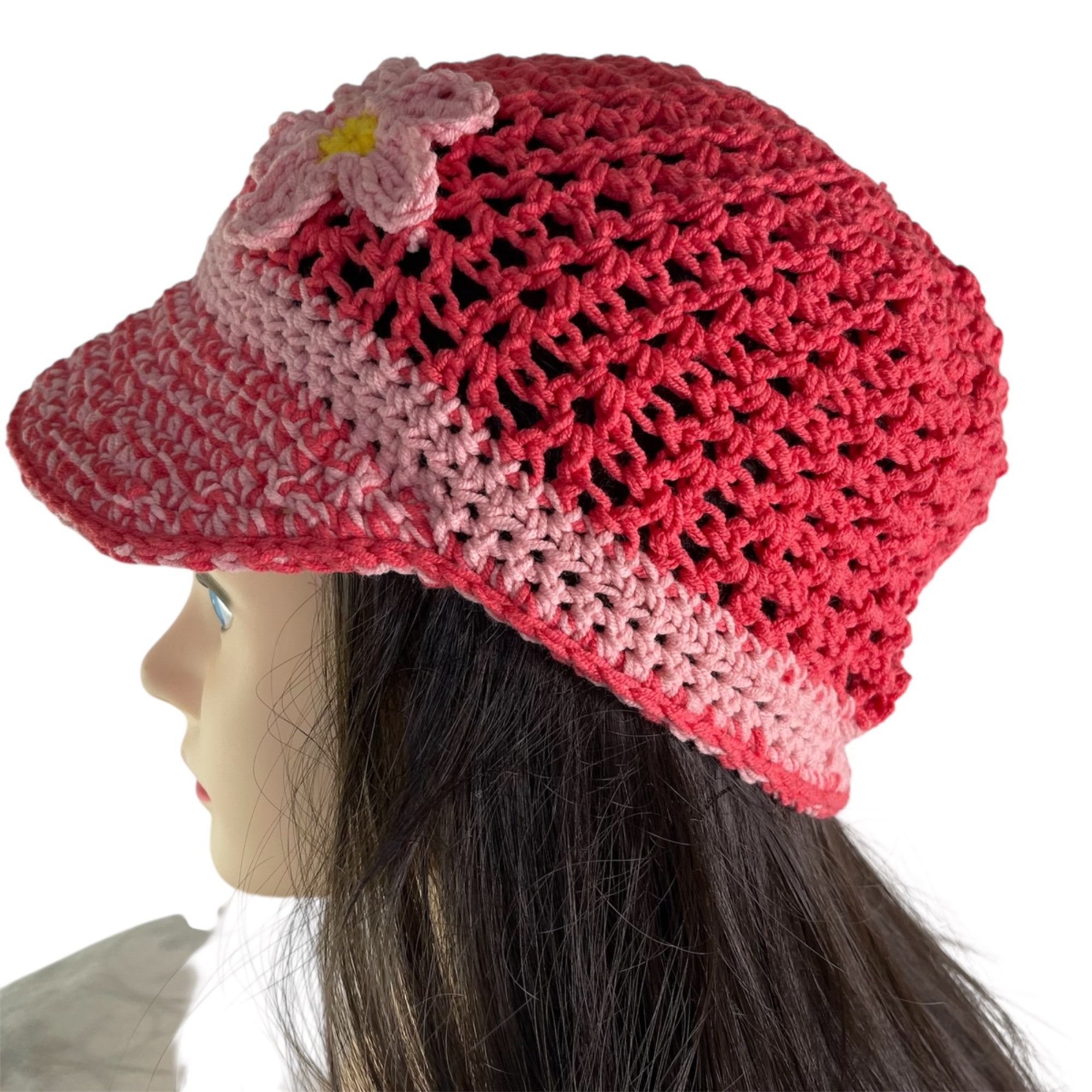 Handmade Crochet Baseball Cap Ponytail Hat Breathable Pattern Pink Ad Size ONE SIZE - 5 Thumbnail