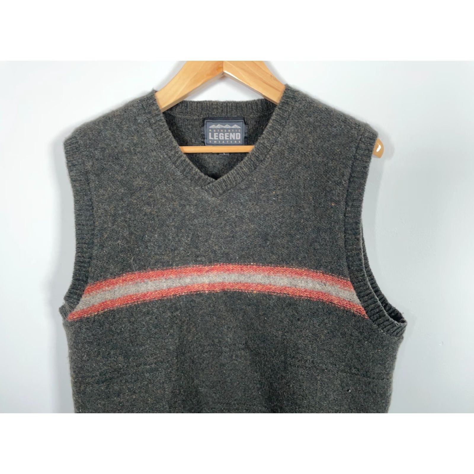 Olive VINTAGE Authentic Legend Wool Knit V-Neck Sweater Vest Adult Large Gray Olive Green Striped 90s Preppy Mens Size US L / EU 52-54 / 3 - 4 Thumbnail