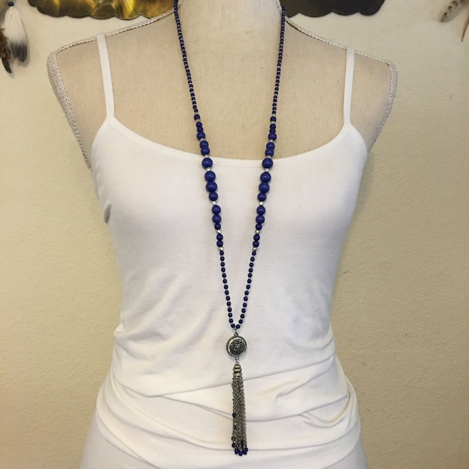 Jewelry Navy and silver beaded tassel rhinestone necklace Size ONE SIZE - 1 Thumbnail