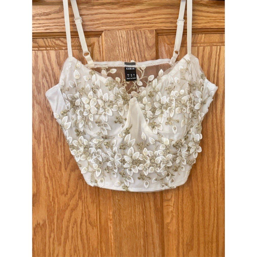 Shein SHEIN Corset Crop Cami Top Womens Size M White Mesh Gold Fl Size M / US 6-8 / IT 42-44 - 2 Thumbnail